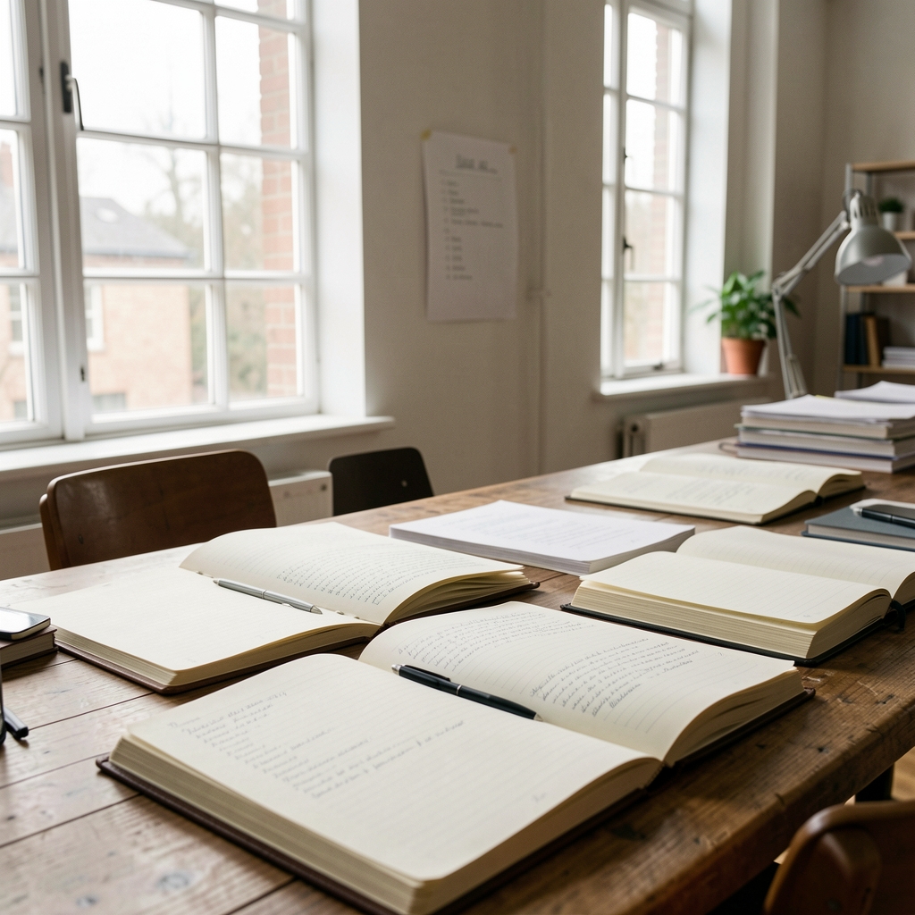 Stack of research notebooks and dietary reference guides on a well-lit desk in a minimalist editorial workspace