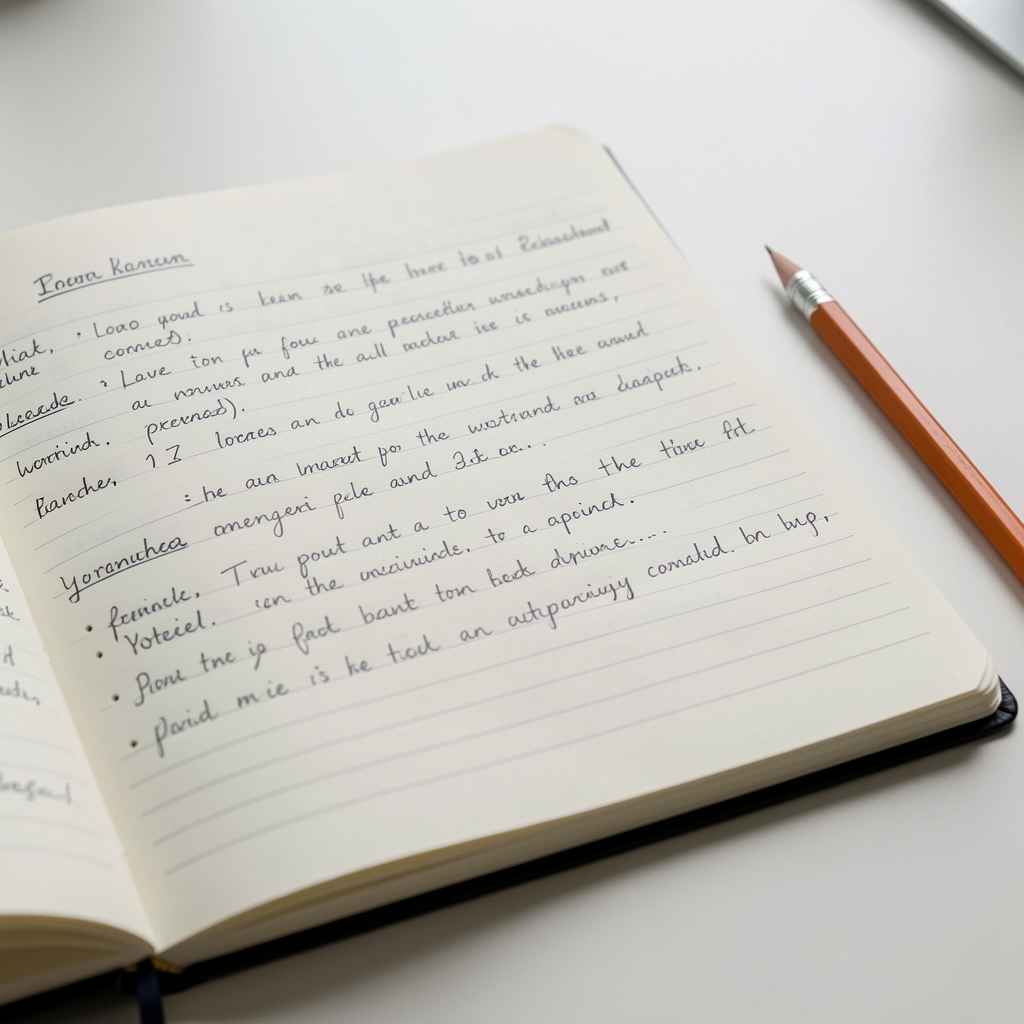 Close-up of a notebook with handwritten research notes and a pencil on a clean desk surface