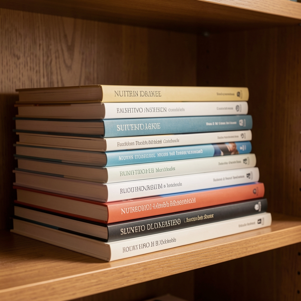 Stack of academic journals and nutritional research papers on a wooden shelf in warm ambient lighting