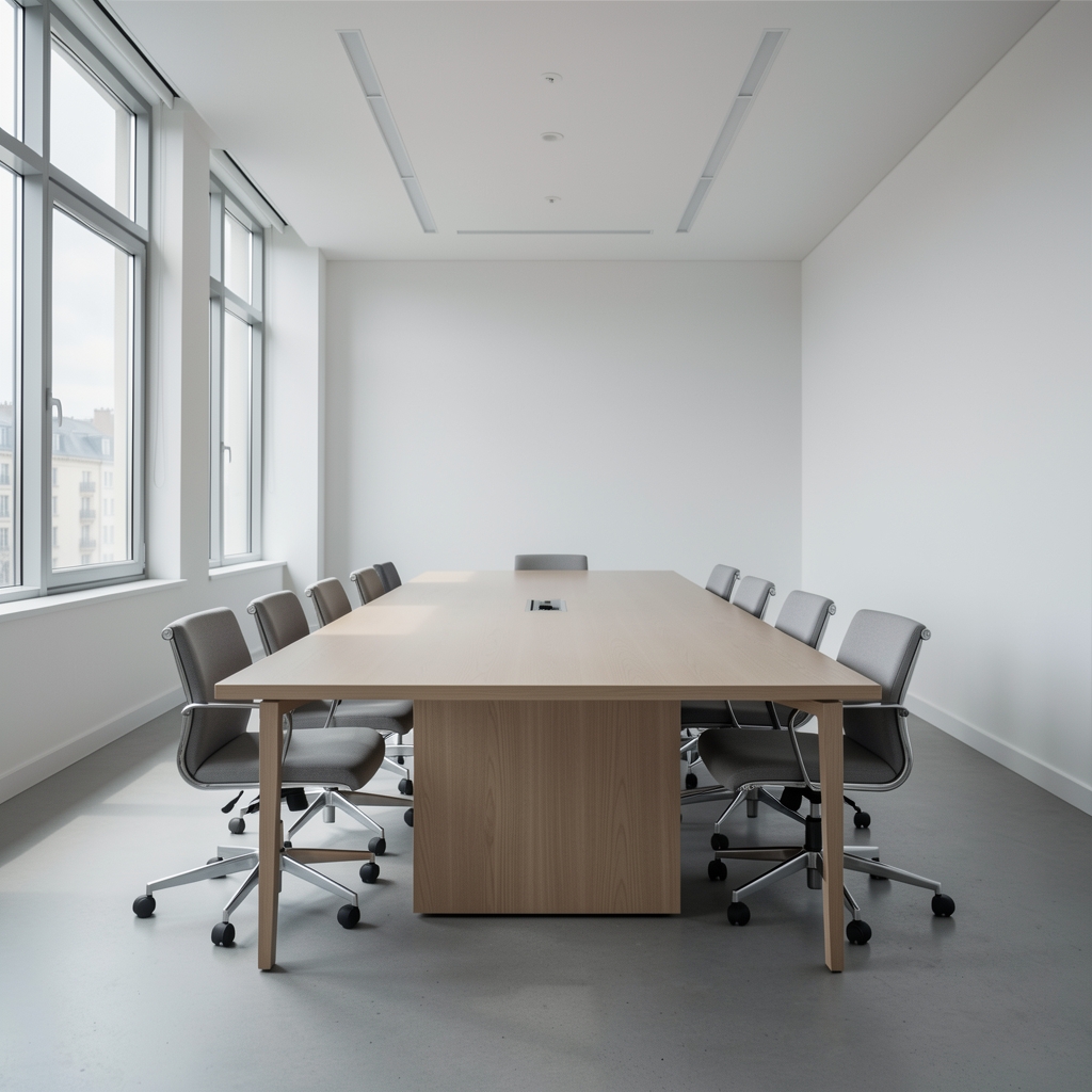 Empty editorial meeting room with a long table, natural daylight from high windows, and minimalist furnishing