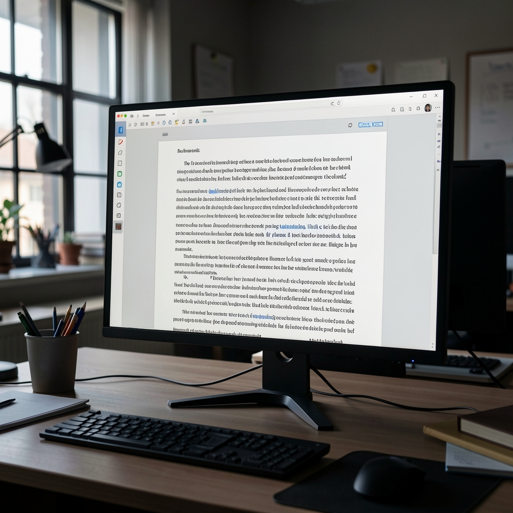 Detail shot of a monitor displaying a long-form article draft in a darkened editorial workspace