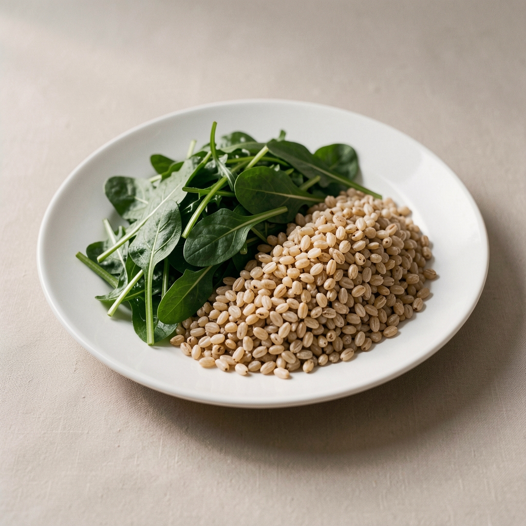 Close-up of a balanced plate showing whole grains, leafy greens, and lean protein on a neutral background under warm studio lighting