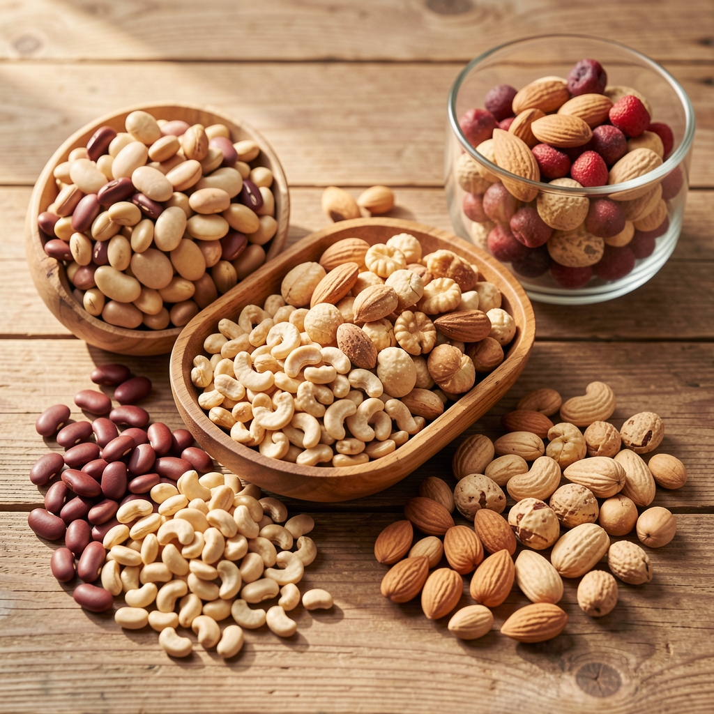 Variety of high-protein whole foods including legumes, eggs, and nuts arranged on a wooden surface with soft natural daylight