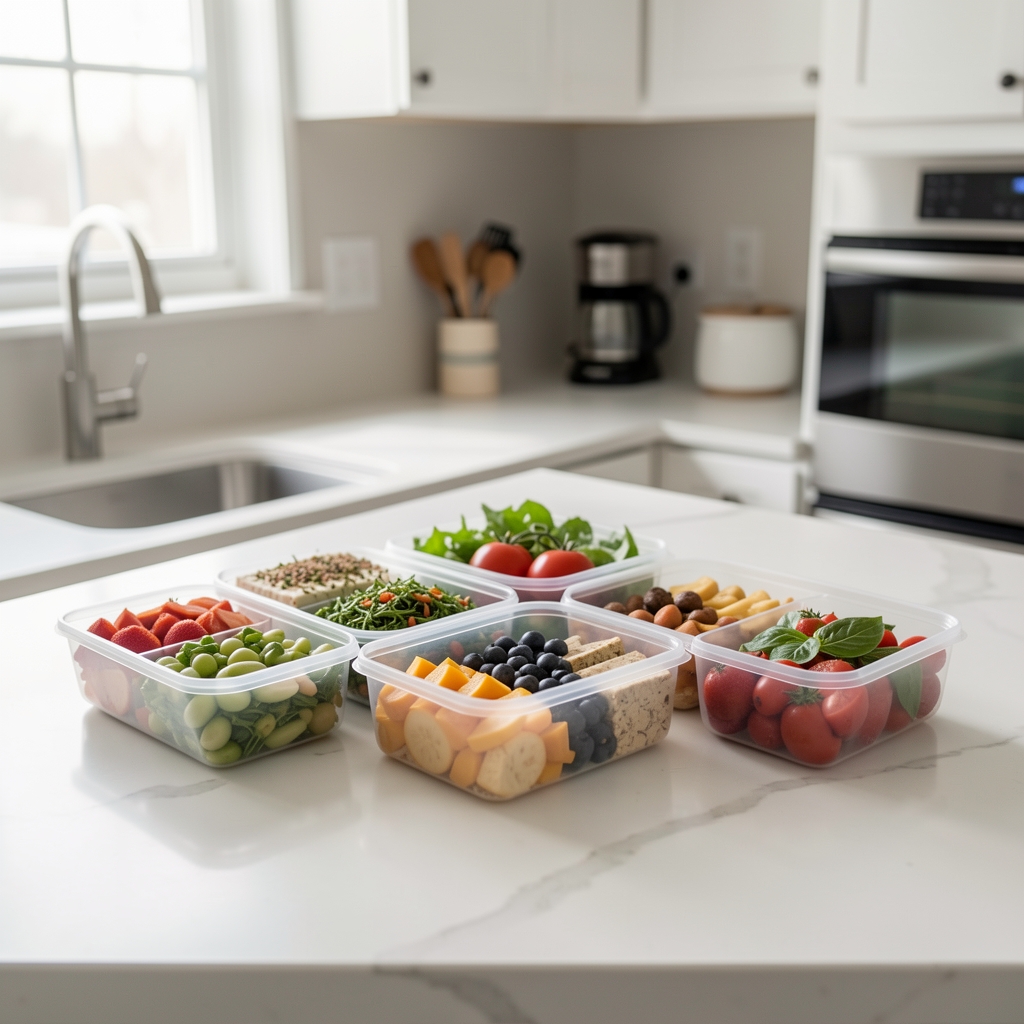 Organised meal-prep containers showing varied whole food portions on a clean kitchen counter with soft overhead lighting