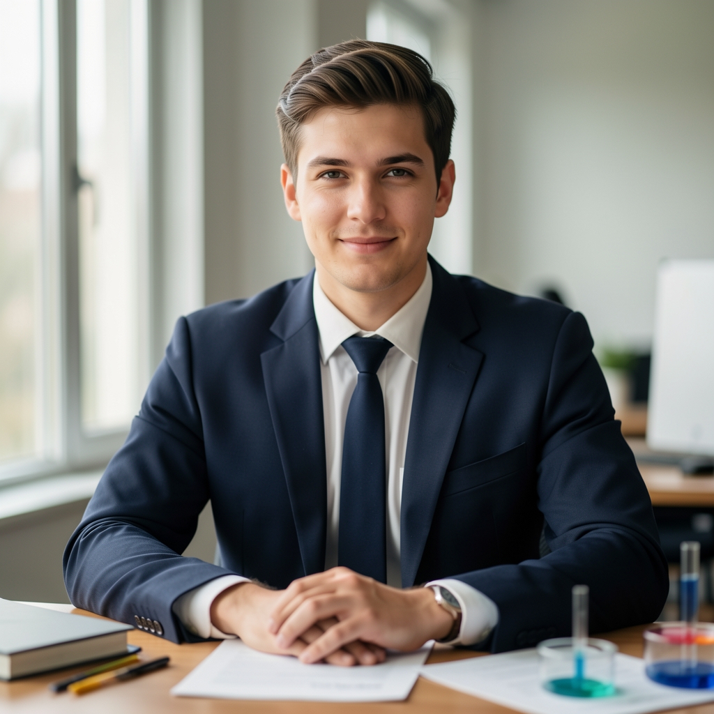 Editorial portrait of Tobias Marsden seated at a desk with natural window light and research materials