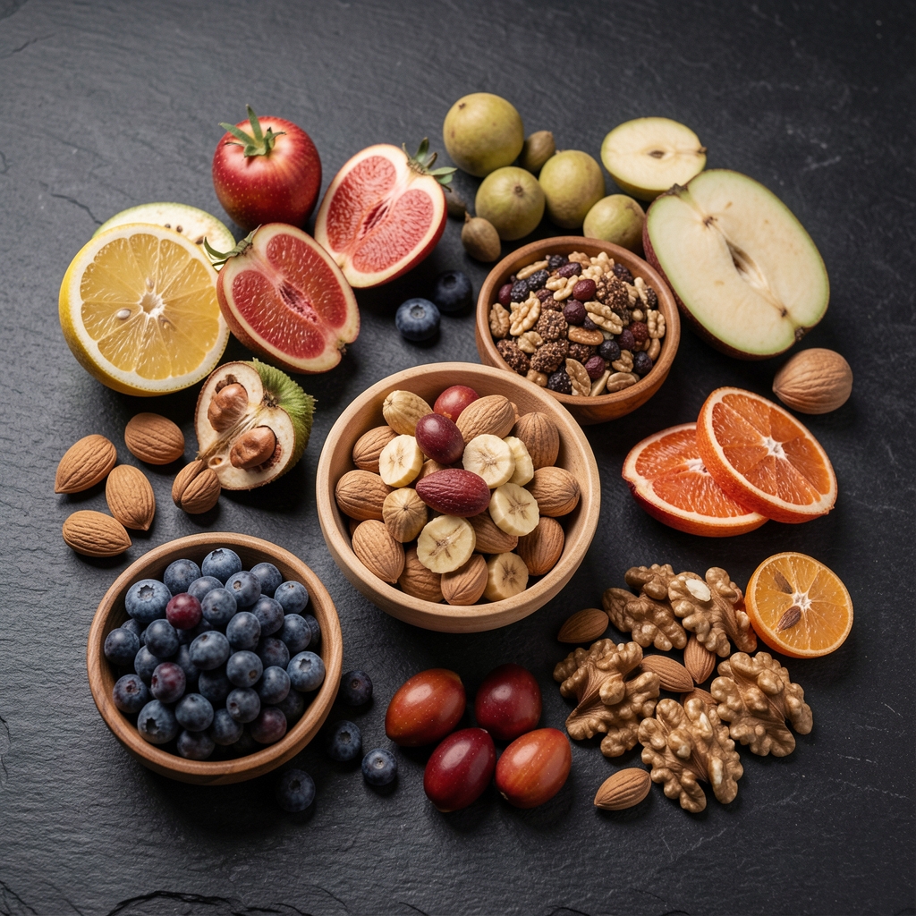 Carefully arranged whole foods on a dark stone surface, soft overhead lighting emphasising texture and colour contrast